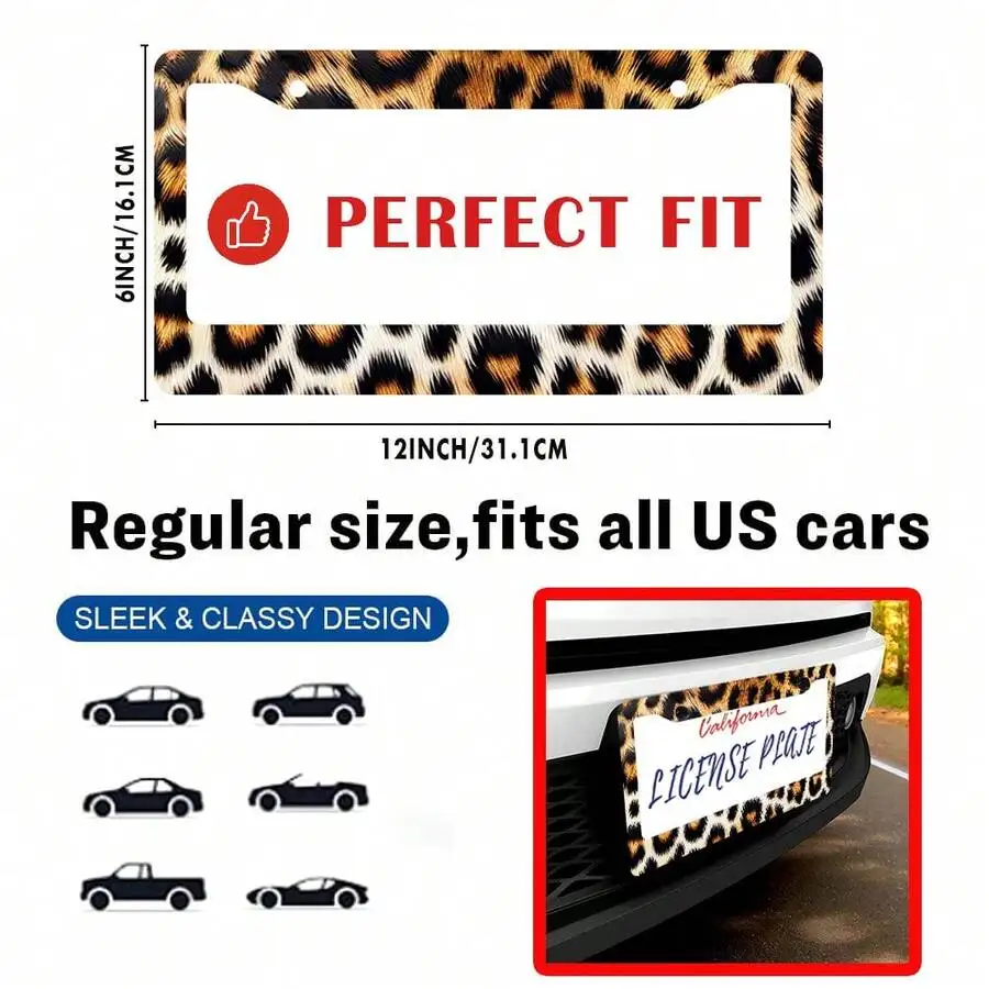 2-Piece Set, Brown And Black Leopard Print Aluminum License Plate Frame, 6X 12inch, With Screw Set, 2-Hole Novel Decorative Car