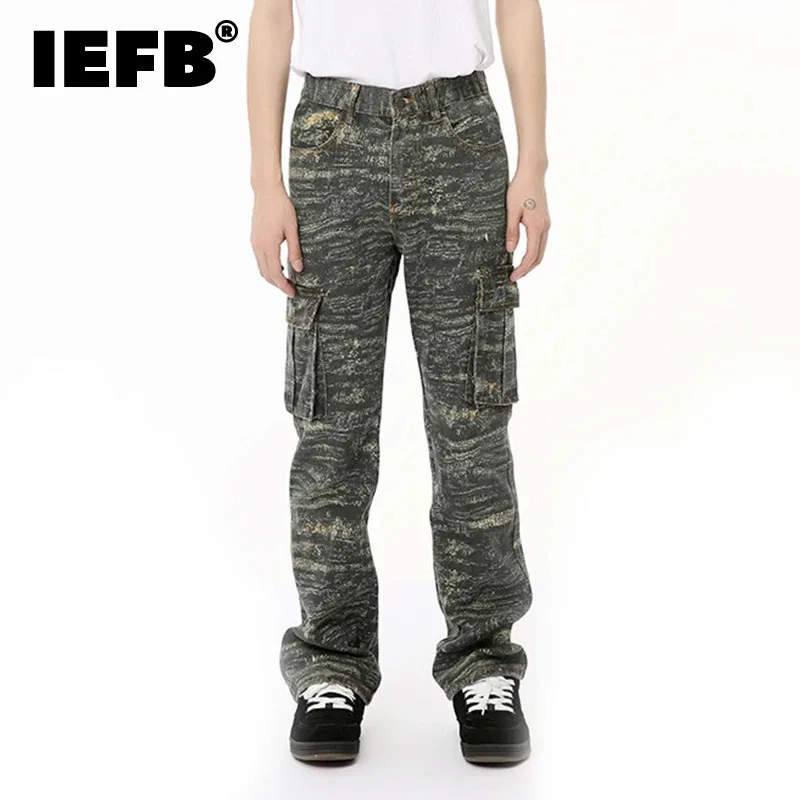 

IEFB Male Camouflage Denim Pants New American Side Split Large Pocket Loose Cargo Wide Leh Men's Jeans Summer 2024 Trend 9C6687