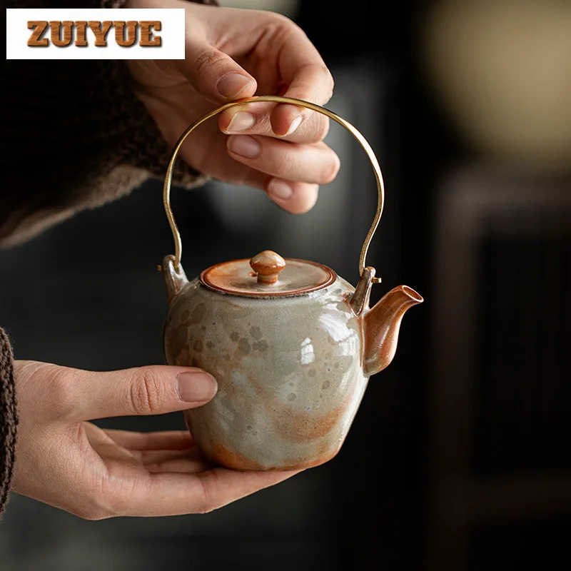 220ml Handmade Zhiye Wood-fired Porcelain Teapot Kiln Change Lifting Handle Pot Tea Maker Kettle Chinese Tea Set Supplies Gifts