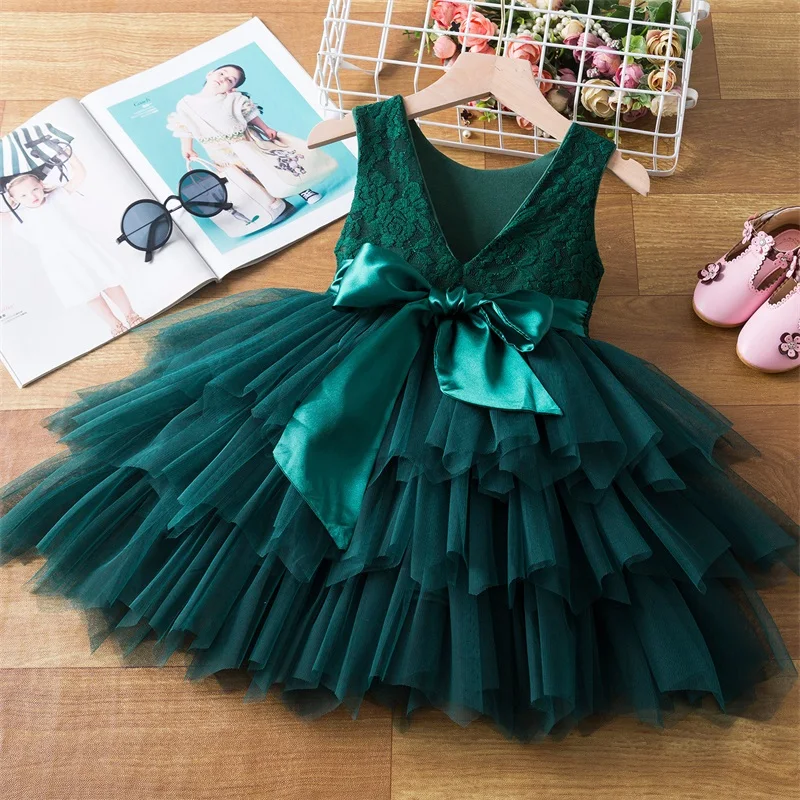 2-6 Years Flower Baby Girl Dress Sleeveless Lace Tutu Birthday Dress V-Backless Dress Christmas Green Gala Party Tulle Dress