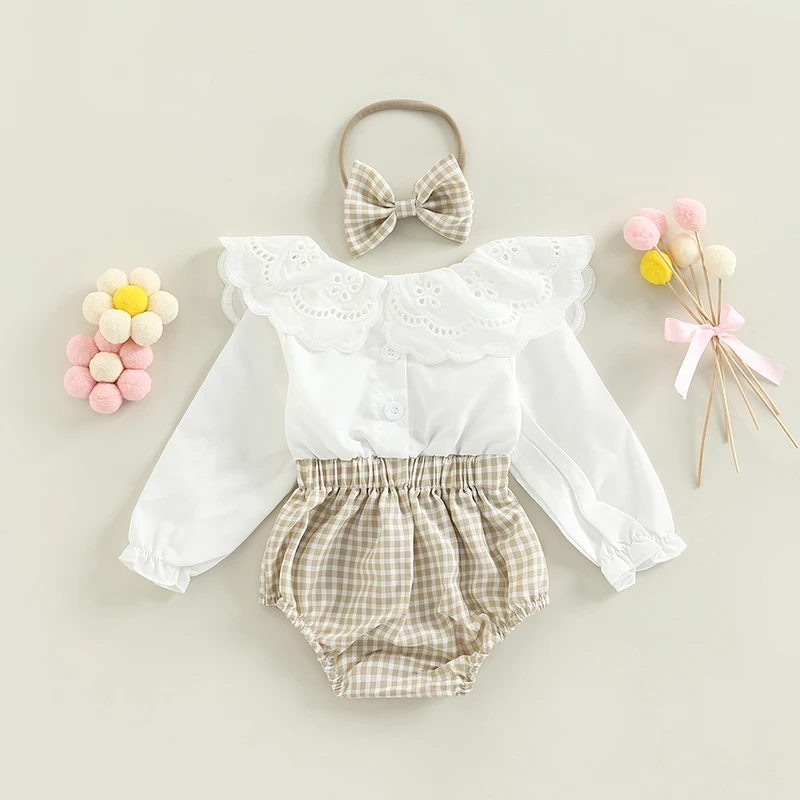 Tregren 0-18M Cute Infant Baby Girl Clothes Sets Plaid Patchwork Lace Doll Collar Long Sleeve Romper With Hairband 2pcs Suit