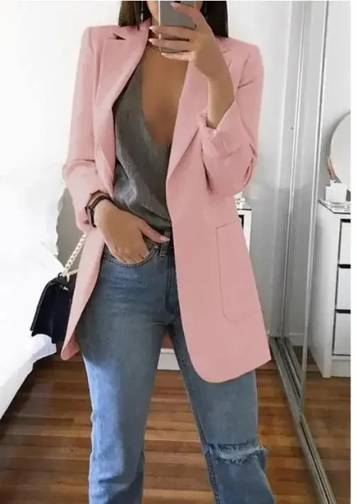 Blazer Women 2024 Autumn Coat Temperament Office Lady Tops Solid Color Full Sleeve Pockets Turn Down Collar Jacket Female