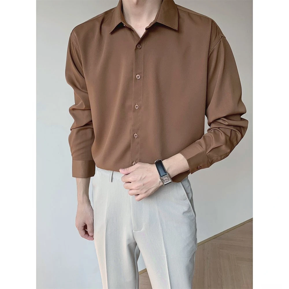 Herfst High-End Maillard Lange Mouw Ijs Zijde Shirts Voor Mannen En Vrouwen Koreaanse Mode Losse Effen Kleur Knoop Mannen Jurk Shirt