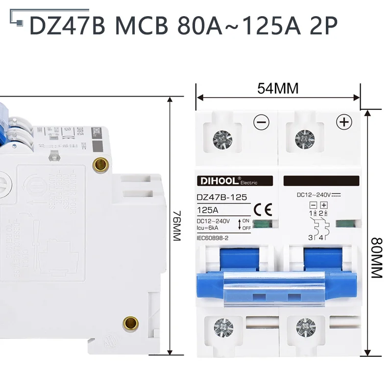 DC 12V 24V 48V 72V MCB Battery Mini Circuit Breaker 16A 25A 32A 63A 100A 125A PV DC Positive And Negative Protection Air Switch