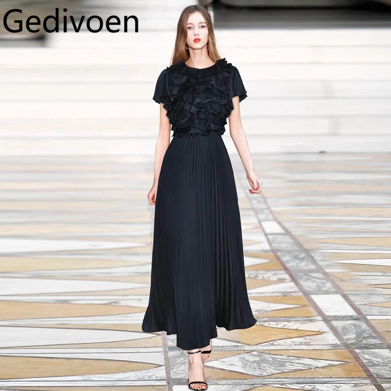 فستان Gedivoen للربيع/الصيف برقبة دائرية وأكمام قصيرة مزين بطيات وحزام خصر مكشكش على طراز الأميرة #1