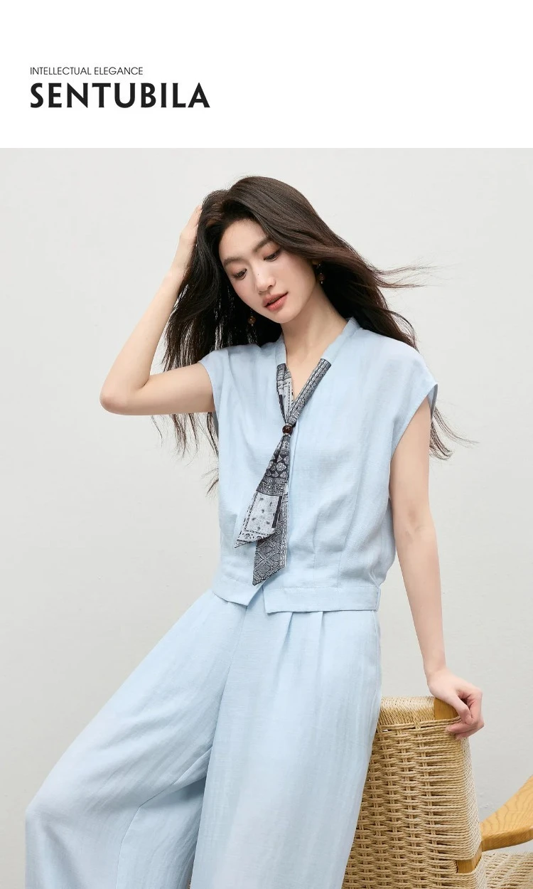 SENTUBILA Leinen-Mischgewebe Hosenanzüge Damen 2-teiliger Sommeranzug 2026 Schal Kurzarm-Bluse Weite Hosen Passendes Set 162ZA5705 – Detail 3