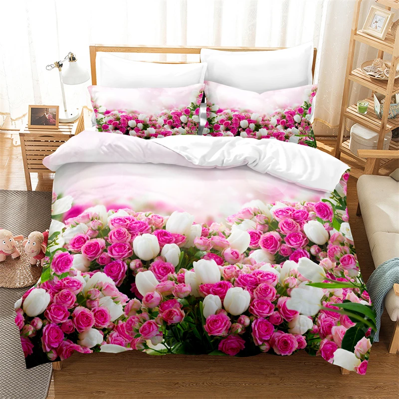 Juego de ropa de cama de flores hermosas, juego de funda nórdica, ropa de cama de impresión Digital 3d, ropa de cama de tamaño Queen, diseño de moda