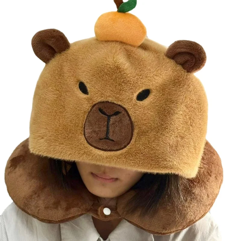 Capybara Plush Neck Pillows Kawaii U Shape Pillow with Hat Cute Cartoon Animals Stuffed Lovely for Holiday Birthday Gift