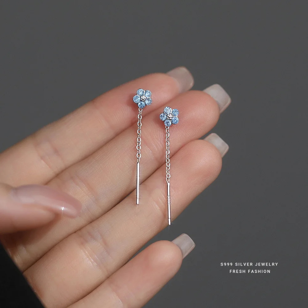 S999 Sterling Silver Blue Zircon Flower Tassel Earrings for Women Long Shiny Sweet Korean Simple Versatile Earrings