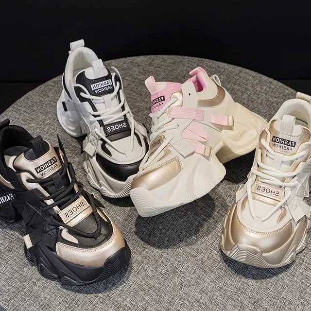 

Women's Sporty Casual Shoes Breathable Leather Thick Bottom Platform Sneakers Comfortable Mesh Upper Dad Shoes round Toe