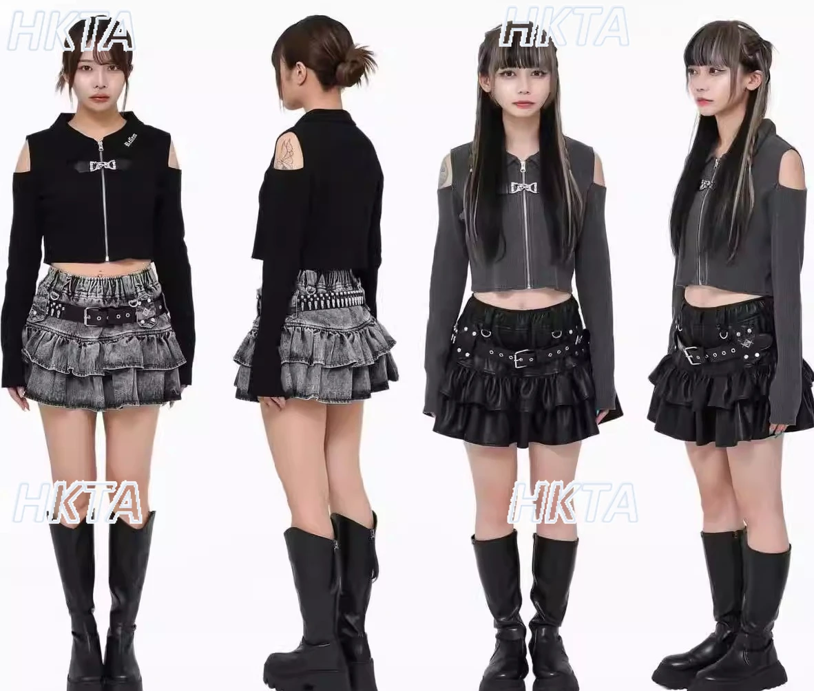 Japanese Style Cake Layer Skirt Subculture Dark Y2k Punk Bullet Belt Pu Leather Skirt Spring and Summer New Short Denim Skirts