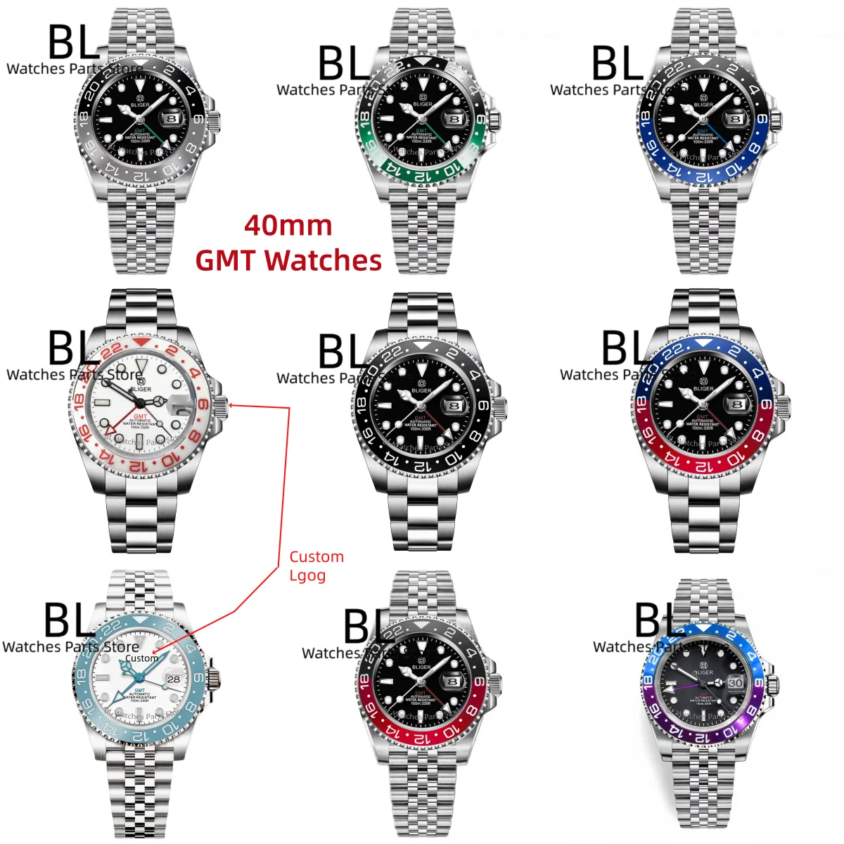 BLIGER Custom Logo 40MM Black White Dial GMT Watch For Men Luxury Mechanical Watch Sapphire Glass Waterproof Stainless GMT Watch