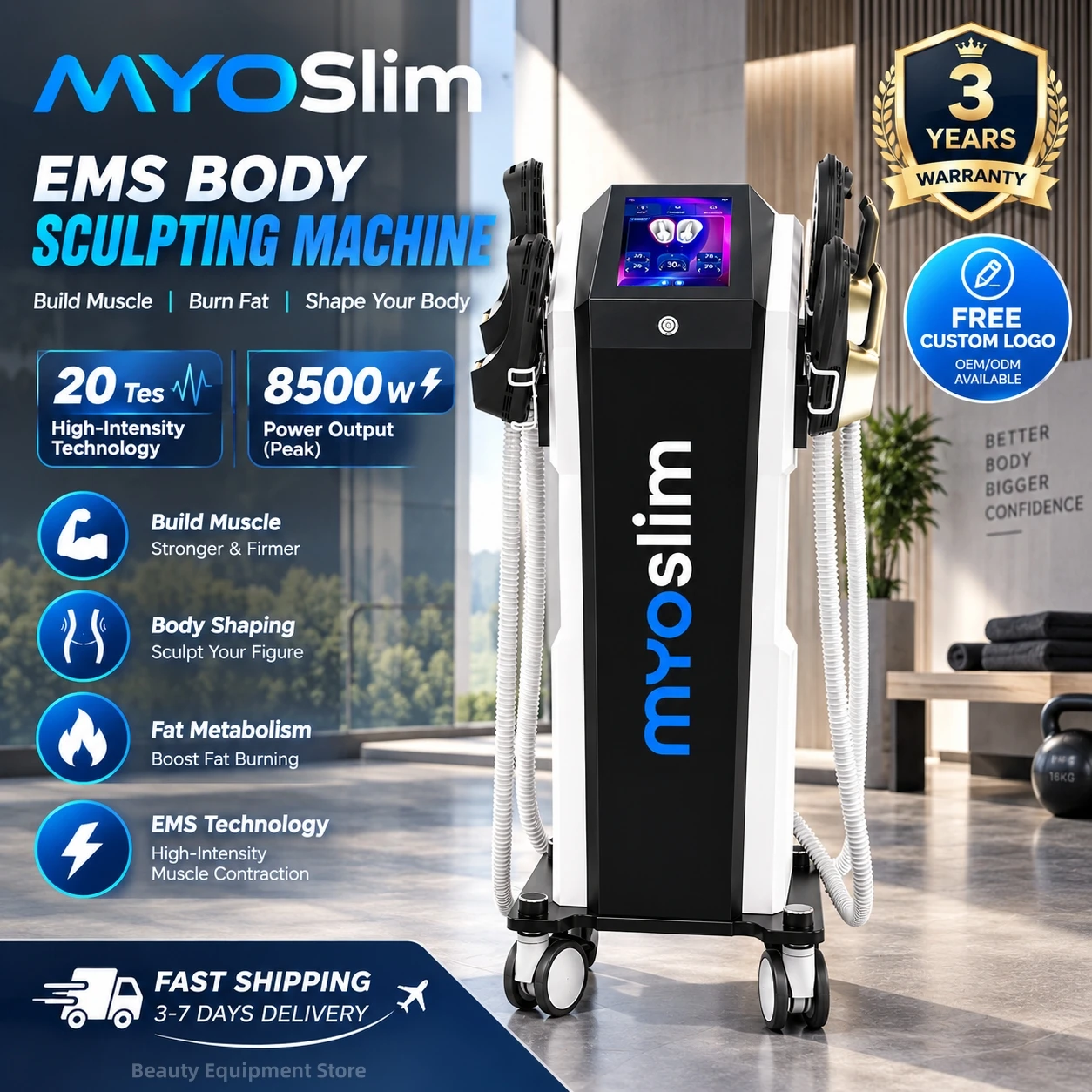 Professional MYOslim Muscle Stimulator 8500W 4-Handle HiEMT EMS Body Sculpting Machine for Salon Use