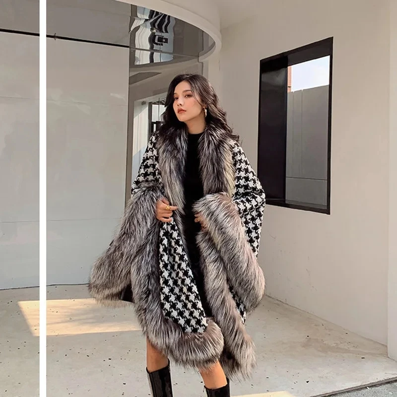 

Shawl Outwear Ladies Loose Casual Houndstooth Thick Warm Cloak Jacket Women Double Sided Wear Fashion Vintage Female Fur Coat