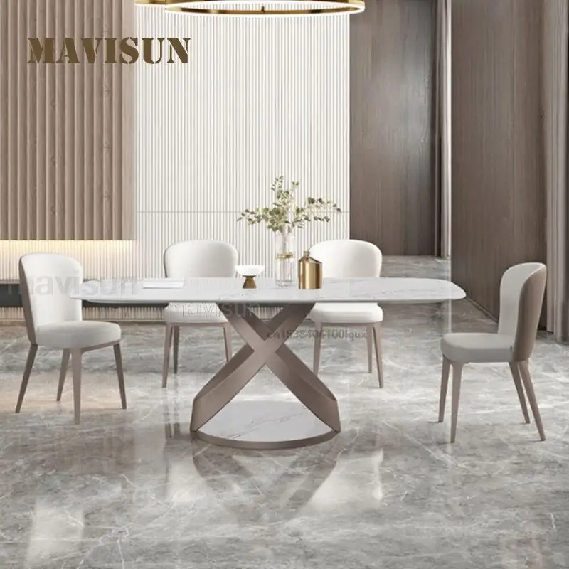 

Italian Dining Table Rock Plate Desktop Rectangular High-End Restaurant Modern Furniture Rose Golden Kitchen Table With 4 Chairs