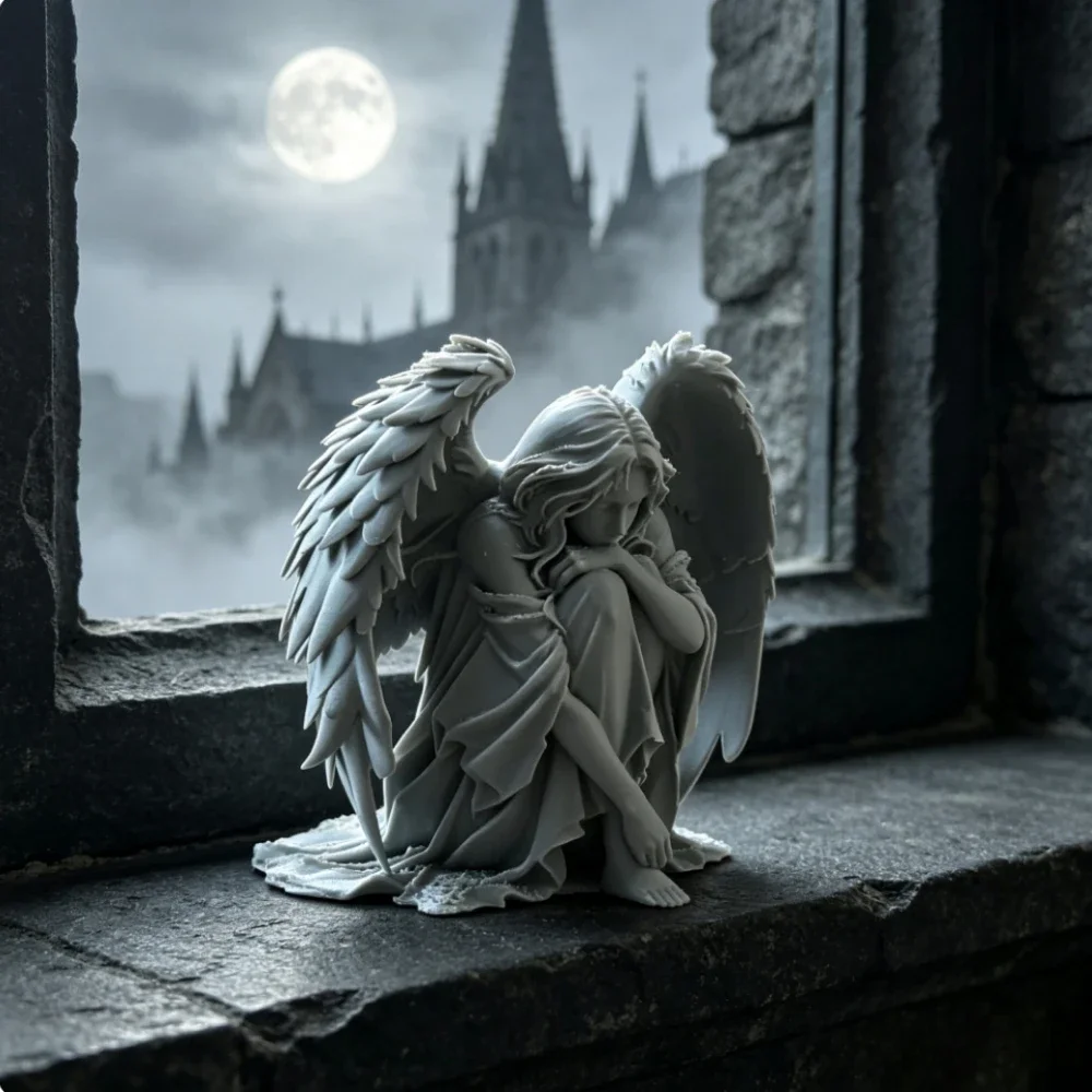 Gothic Sorrowful Angel Figurine 3D Printed Art Sculpture Kneeling Winged Angel Statue Desktop Bookshelf Decor Ornaments Memorial