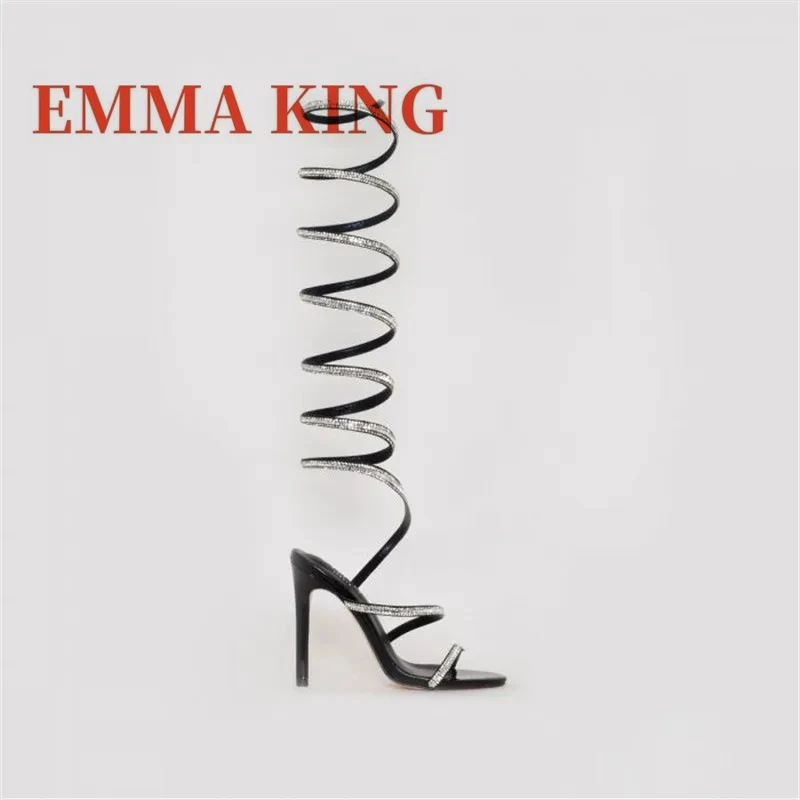 Fashion Rhinestone Strap Gladiator Sandals Women Crystal High Heels Party Strip Shoes Summer Peep Toe Knee High Sandals Boots - view 2