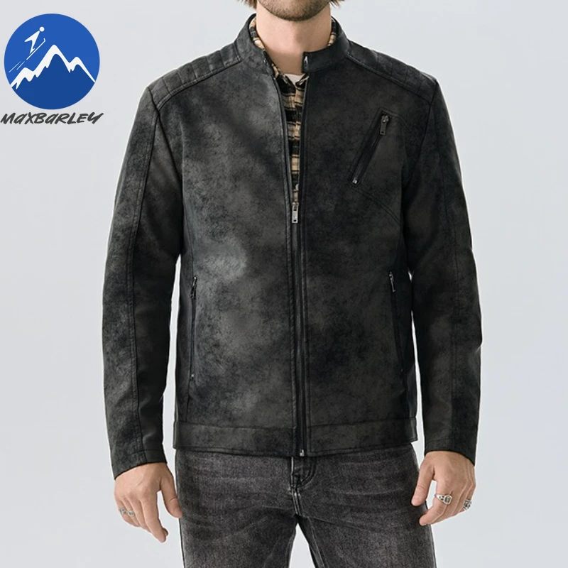 

Maxbarley 2025 New Leather Jacket Top Layer Retro Tie Dye Leather Clothes Mens Stand Collar Motorcycle Riding Coat Autumn Youth