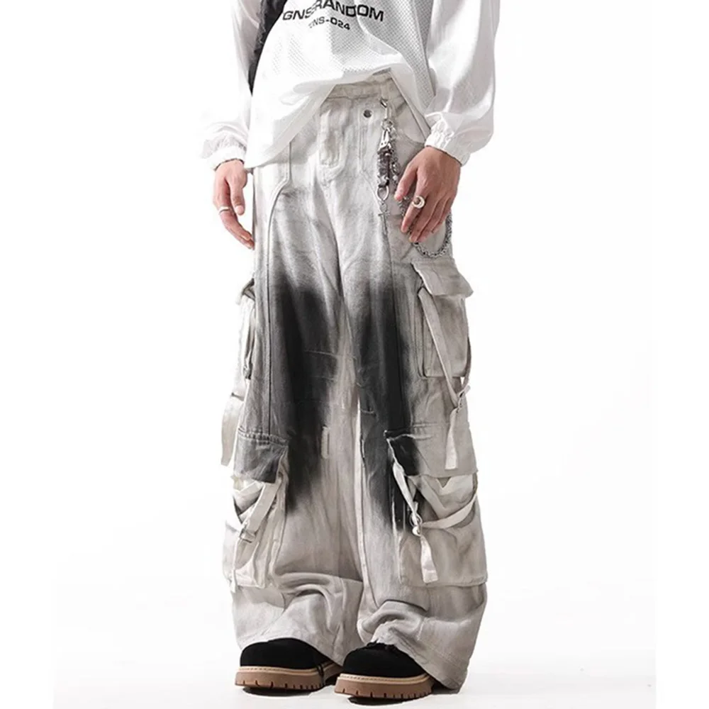 夏の新メンズコントラストカラーだぶだぶのジーンズマルチポケットオーバーオールレトロファッションカジュアルトレンドハイストリートヒップホップメンズボトムス