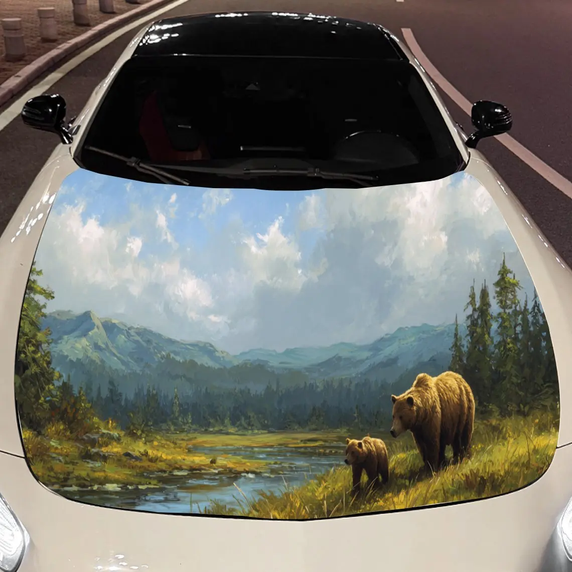 Car Decals Scenic Mountain with Bears Car Hood Sticker, Waterproof Self - Adhesive Vinyl Graphics Decals, Decorative Protective