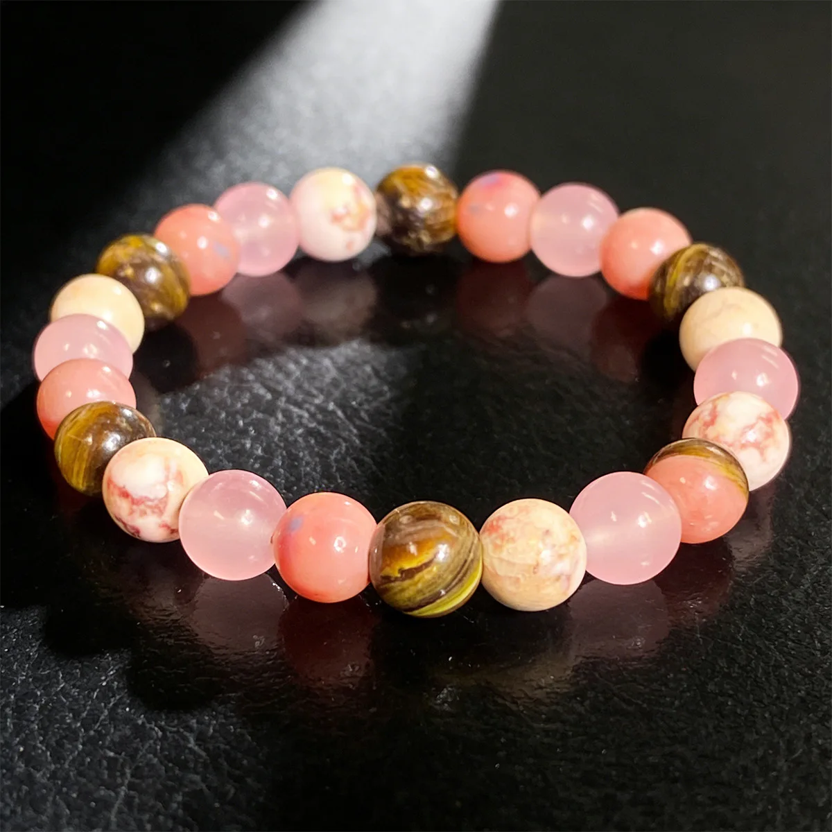 Chinese Style Lucky Fortune Blessing 8mm Tiger Eye Stone Pink Crystal Beaded Bracelet For Women Calming Anxiety Relief Spiritual
