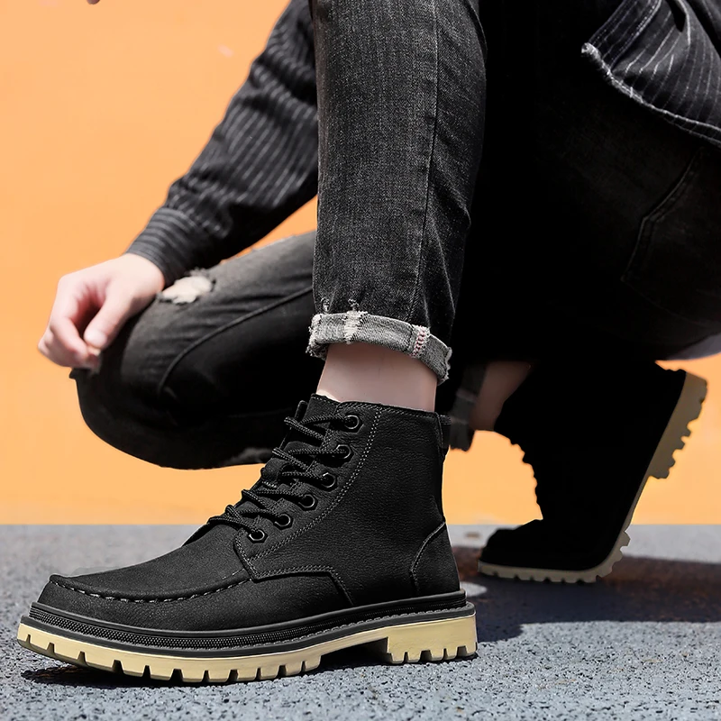 

Luxury Brand Genuine Leather Comfort Casual Boots Quality Outdoor High Top Anti Slip Travel Boots Retro Style Mens Lace Up Boots