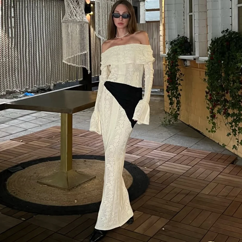 

Talenza Elegant Knitted Long Dresses Women Fashion Hollow Out One Shoulder Vacation Long Dresses High Waist Party Evening Dress