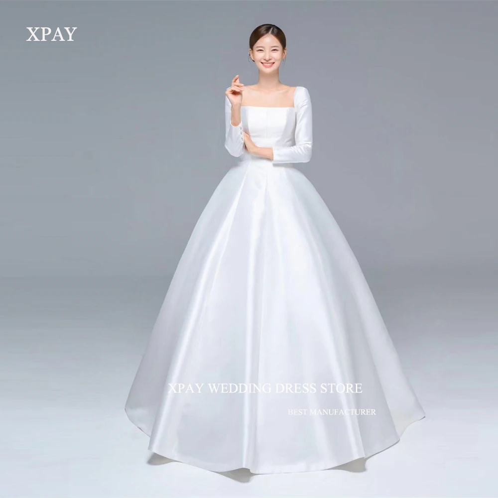 

XPAY 2024 Simple A Line Korea Wedding Dresses Long Sleeves Square Neck Satin Floor Length Bridal Gowns Zipper Back