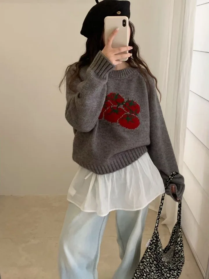 

Loose Knitted ato Pattern round Ne Sweater Women's Sle Autumn Winter New Faion Korean Loose Slimming Lazy Top Trendy