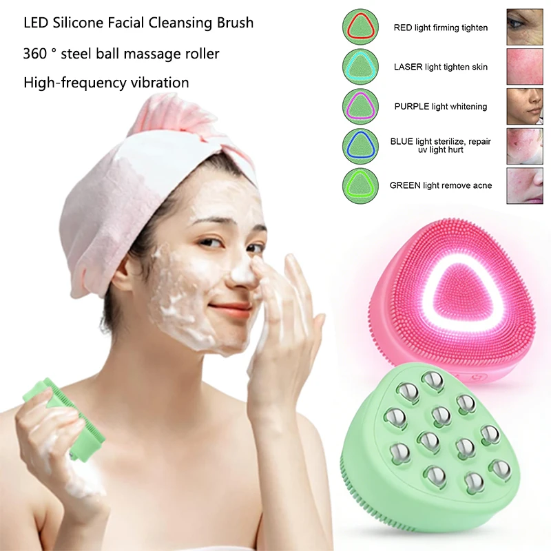 

Silicone Electric Facial Cleansing Brush with 5 Colors Led Light Vibration Face Deep Cleaning Device Steel Ball Facial Massager