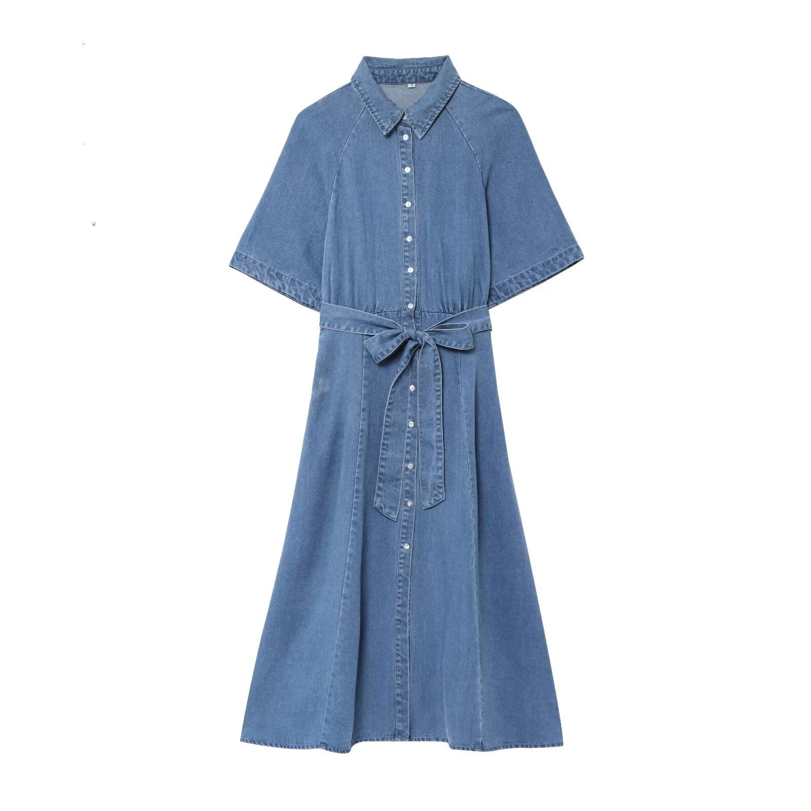 

European Style Denim Dress Women's New 2025 Waist Cinched Lace-up Dresses Retro Loose Pleated Long Dress Chic Lapel Blue Frock