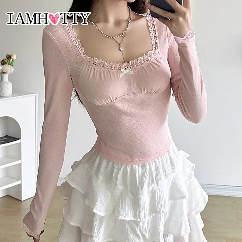 IAMHOTTY Coquette Jacquard Knit Top Pink White Bow Decorate Lace Stitching Square Collar Tops Autumn Spring Slim-fit Tees Cute