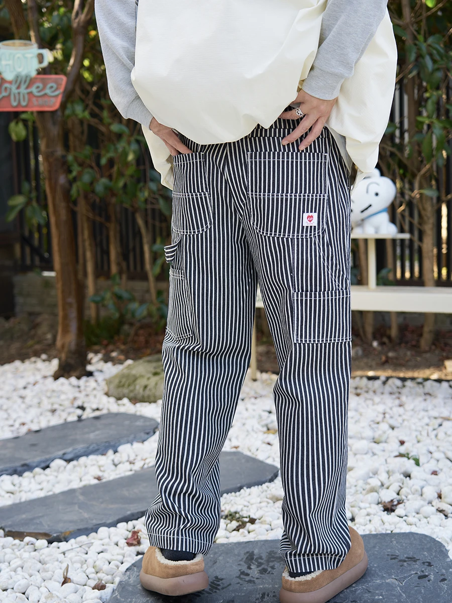 

Универсальные прямые рабочие джинсы с эластичным поясом, полосатые, из смесового хлопка и полиэстера, комфортные повседневные брюки