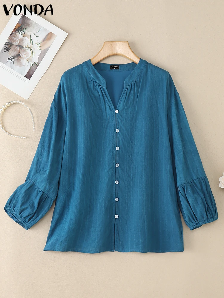 VONDA 100% Cotton Shirts Women Autumn Long Sleeve Blouse 2025 Fashion Puff Sleeve V-Neck Elegant Office Lady Tops Casual Blusas