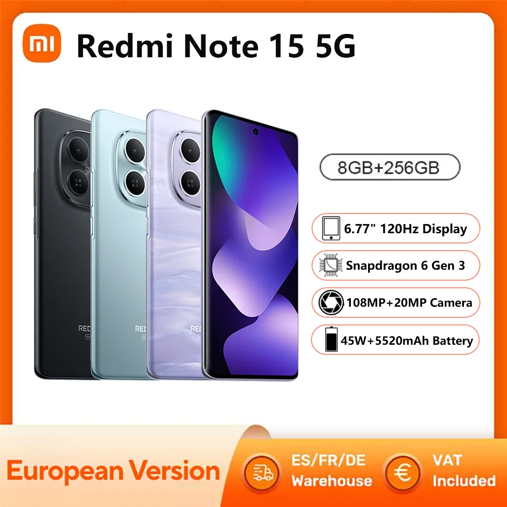 Smartphone Xiaomi Redmi Note 15 5G, NFC Snapdragon 6 Gen 3, Tela de 6.77" 120Hz, Câmera de 108MP, Carregamento de 45W, Bateria de 5520mAh, IP65