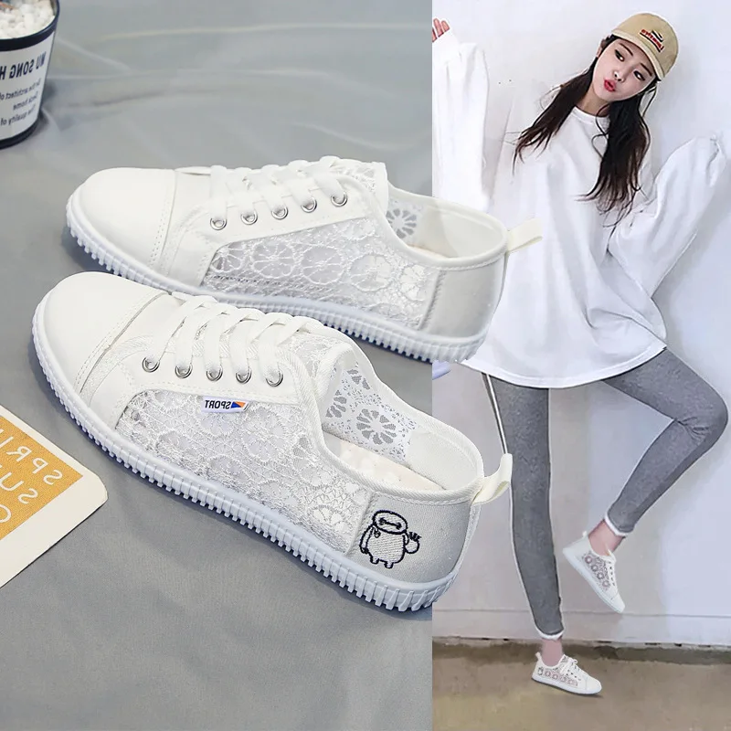 White Flat Shoes Women Lace Breathable Sneakers Lady Summer Students Mesh Canvas Shoes 2023 Summer New Female Casual Footwear
