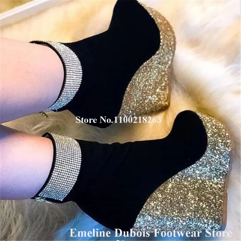 Bling Bling Silver Gold Glitter Wedge Short Boots Emeline Dubois Round Toe Black Suede Patchwork Sequined Wedge Ankle Booties