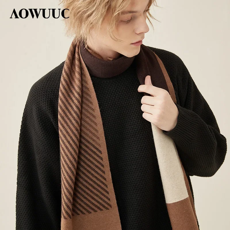 Chic Business Wool Scarf Men Autumn Winter Thick Soft Warm Versatile Plaid Striped Wool Wraps Male Thermal Muffler Gents Scarves