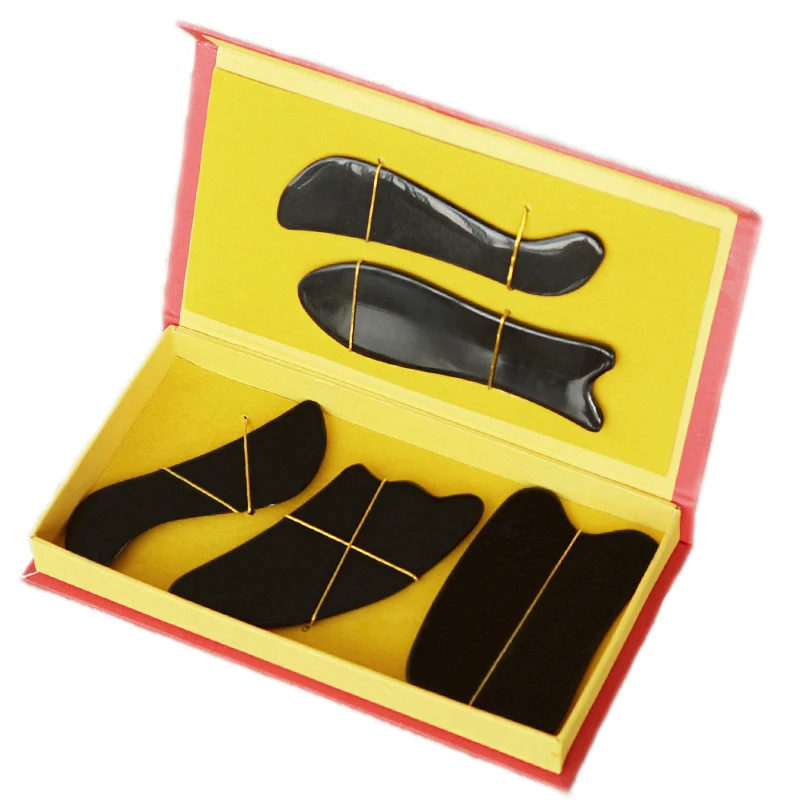 Natural Black Buffalo Horn Scraping Massage Tool Gua Sha Board Set of 5 for Body SPA Acupuncture Therapy Trigger Point