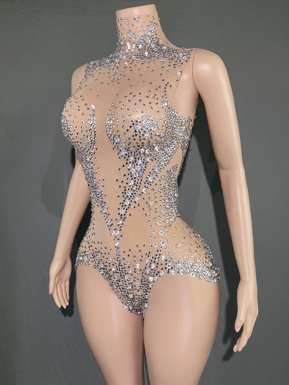 Sparkly Rhinestones Bodysuit for Women Sexy Mesh See Through Performance Dance Costume Singer Dancer Show Stage Wear