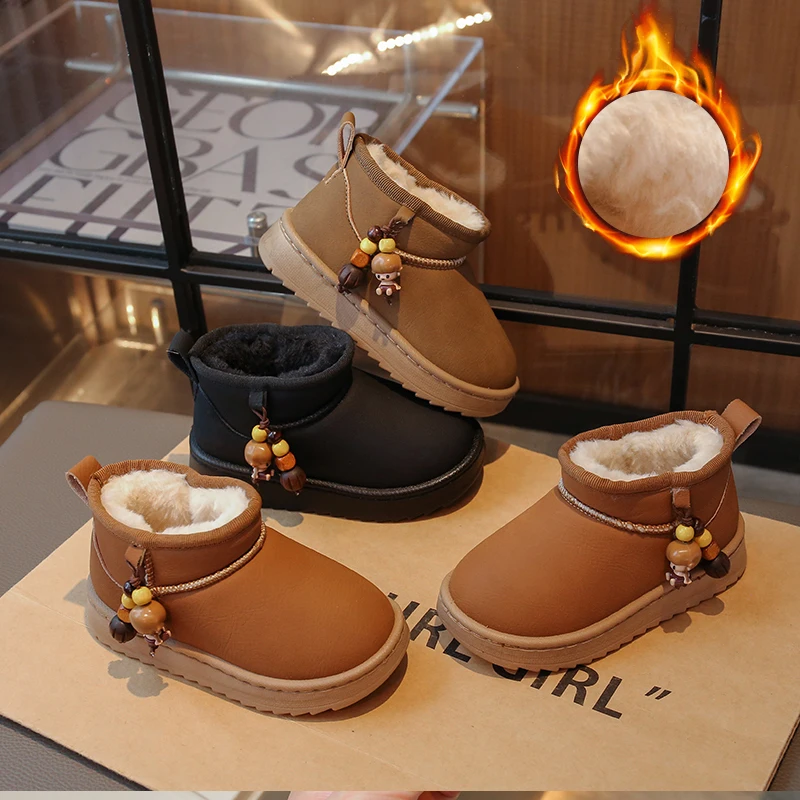 

Children Ankle Boots with Warm Plush Kids Short Boots Soft Bottom Versatile 2025 Winter New Girls Snow Boots Round Toes Non-slip