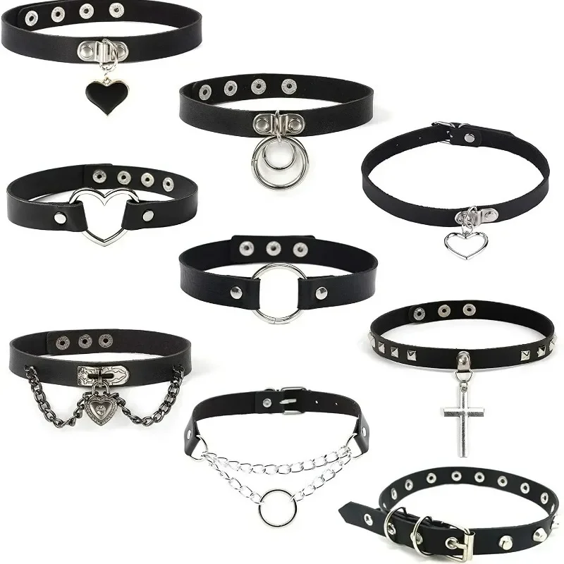 Gothic Choker Necklaces Women Girls Rivet Leather Necklace Rock Kpop Punk Neck Collars Black Choker Necklace Cool Collar