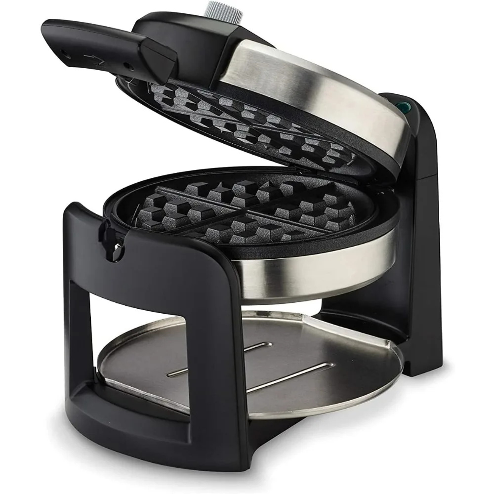 Round Flip Belgian Waffle Maker, Black/Silver, 1 inch thick