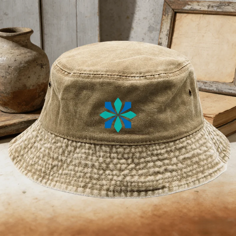A Khaki Vintage Washed Fisherman Hat with Blue-Green Geometric Floral Prints, Suitable for Outdoor. It Is Hand Washable And Can