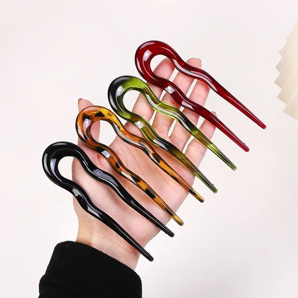 Vintage U-Shaped Twist Hair Fork Stick Hair Clip for Women Girls Acetate Wavy Leopard Hairpin Bun Pin Headwear Hair Accessories