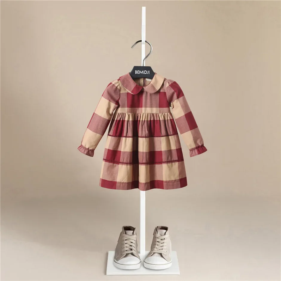 Luxury Girls Long Sleeve Plaid Dress Girls Autumn New Style Turndown Striped Sleeve Cotton Dress kids dresses for girls