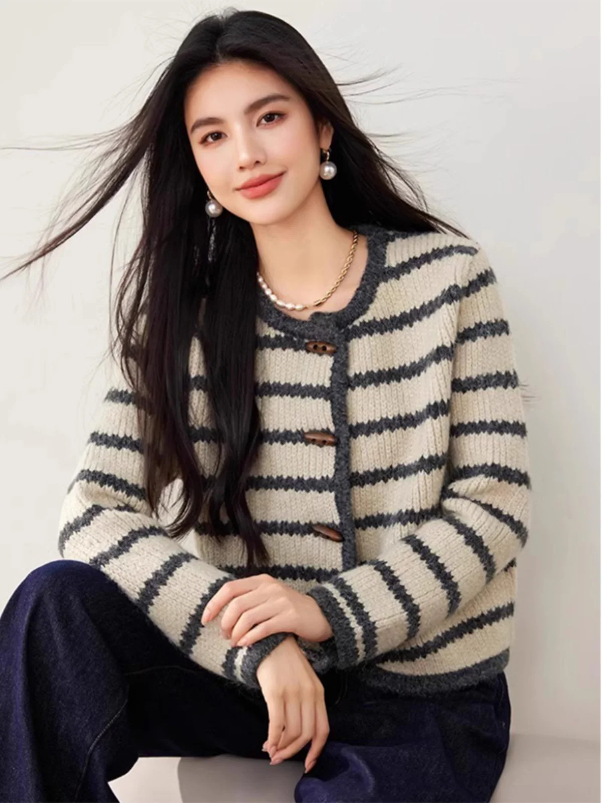 Faionable عادية مخطط الجولة Ne محبوك سترة مفتوحة سترة المرأة الخريف الشتاء جديد Sle اللون بلو شريطية #3