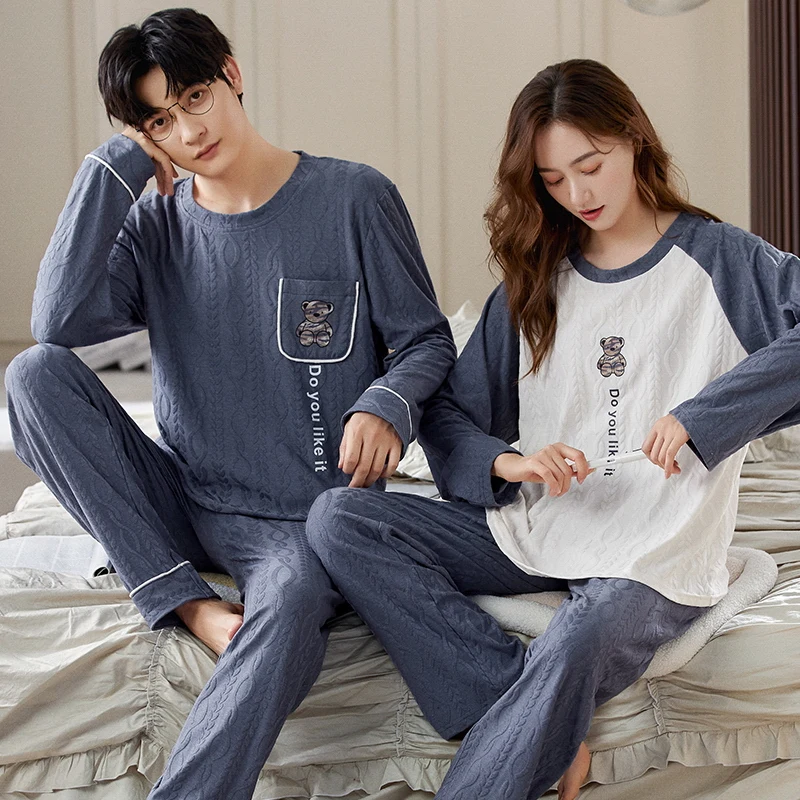 Koreański mężczyźni Pijamas zestaw bawełna kobiety piżamy zestaw jesień bielizna nocna Casual Loungewear hombre Mujer odzież domowa piżama garnitur