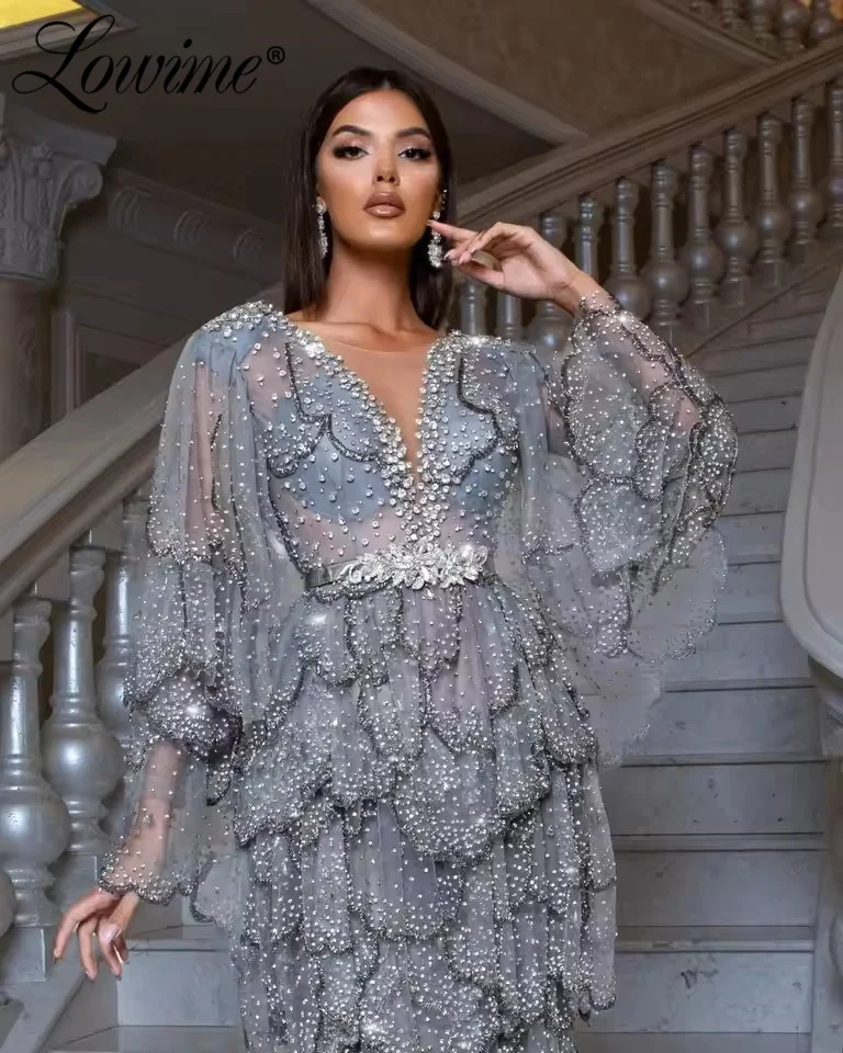 Wykwintna różowo-szara warstwowa suknia wieczorowa z pełnym zdobieniem kryształkami, szyta na miarę, z bufiastymi rękawami, suknie na przyjęcia, arabskie suknie balowe w stylu Dubai, suknia.