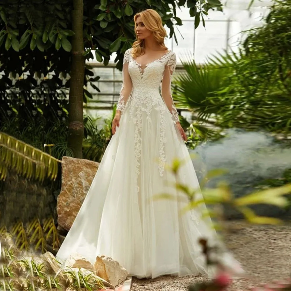 

Customized A Line Women Wedding Dresses Long Sleeves Appliques Zipper Back Bridal Gowns robe mariage